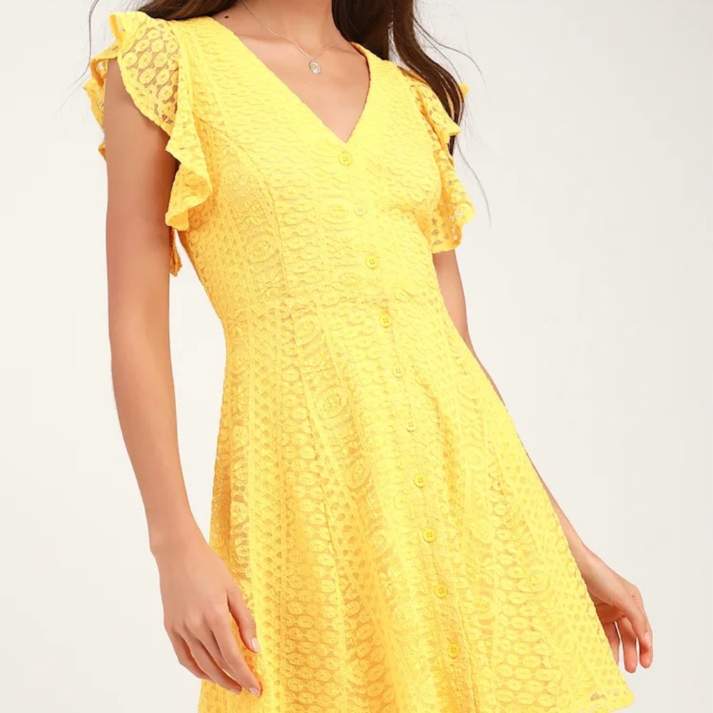Lulus Skater Mini Dress Yellow Lace Ruffle Sleeve Cottagecore Fairy Grunge Small